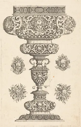 Goblet, rim decorated with masque and bouquet of fruit, by Georg Wechter I, ink, 1579