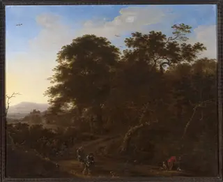 Landscape with travellers, by Herman Saftleven, oil, 1648