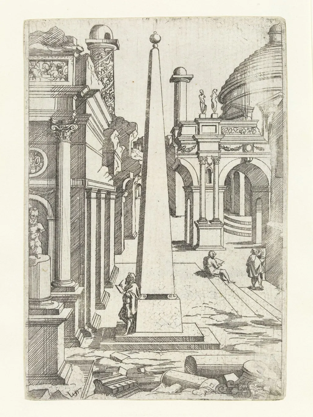 A draftsman leaning against an obelisk sketching ruins, by Virgil Solis, 1560