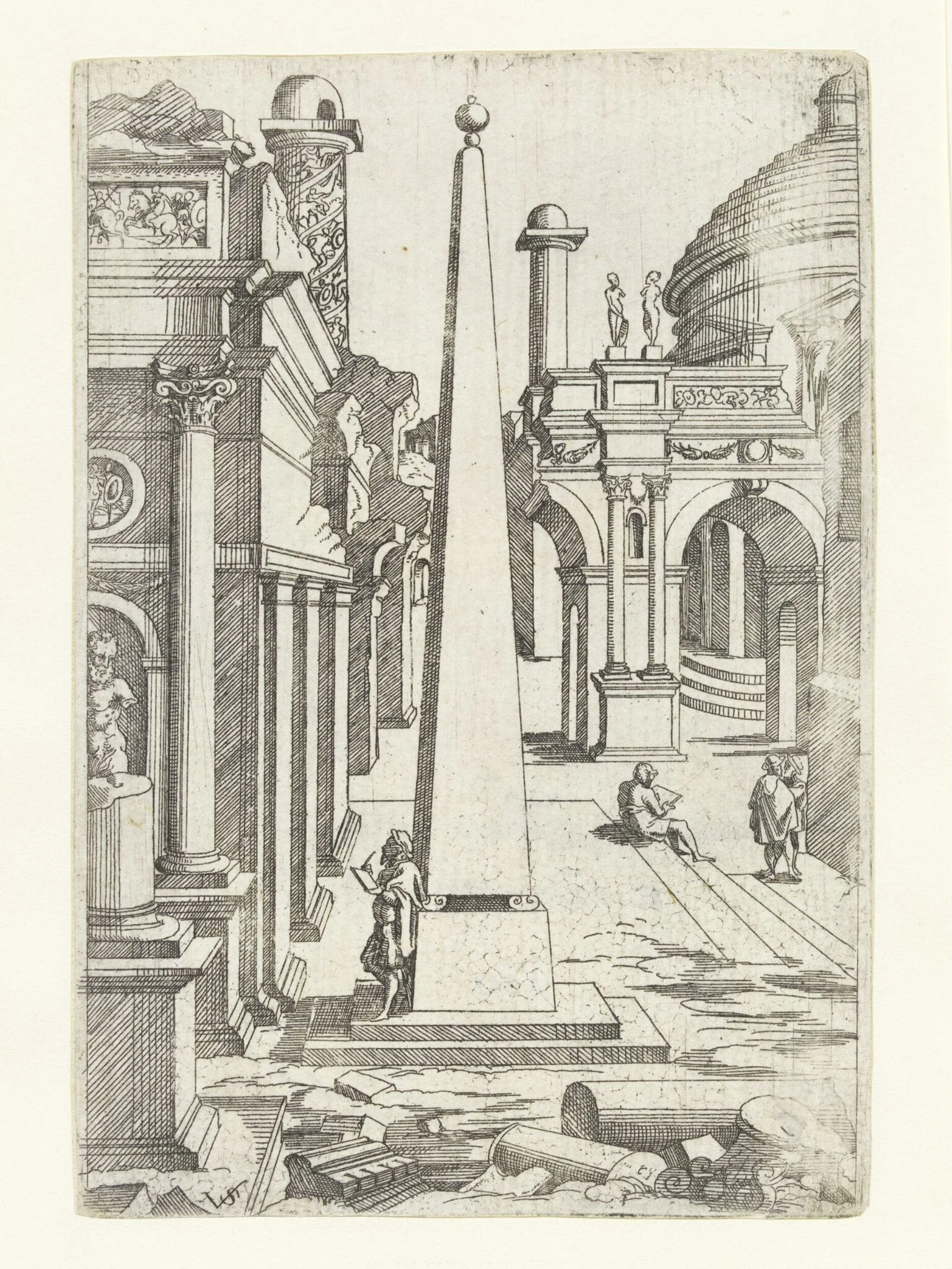 A draftsman leaning against an obelisk sketching ruins, detail
