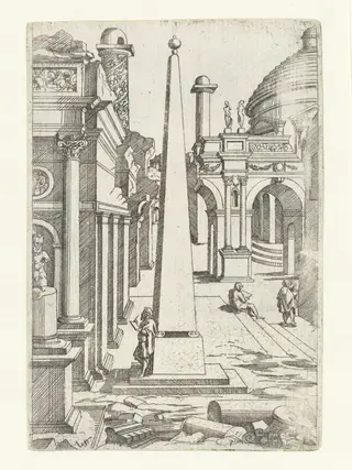 A draftsman leaning against an obelisk sketching ruins, by Virgil Solis, 1560