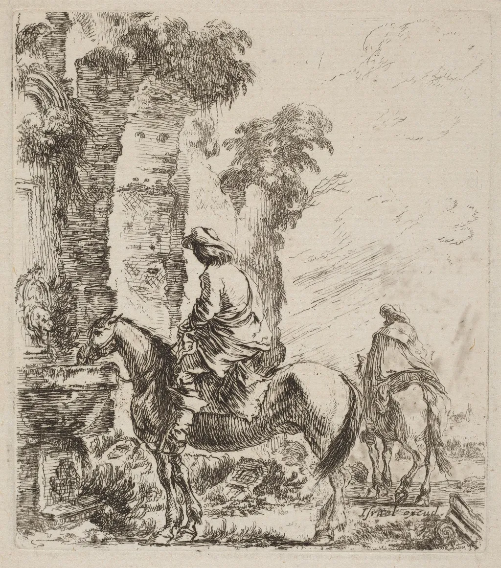 Landscape with Horsemen, by Stefano Della Bella, ink, 1646