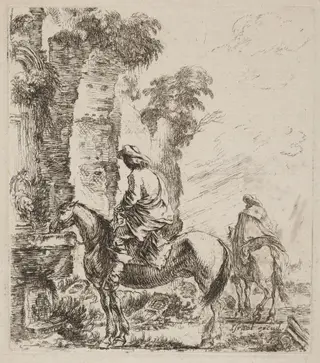 Landscape with Horsemen, by Stefano Della Bella, ink, 1646