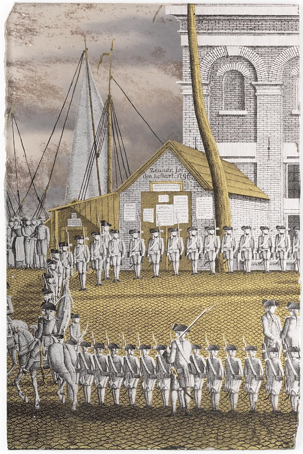 Cadets Lined up in front of the Het Zeerecht Building in Amsterdam, by Jonas Zeuner, unspecified, 1798
