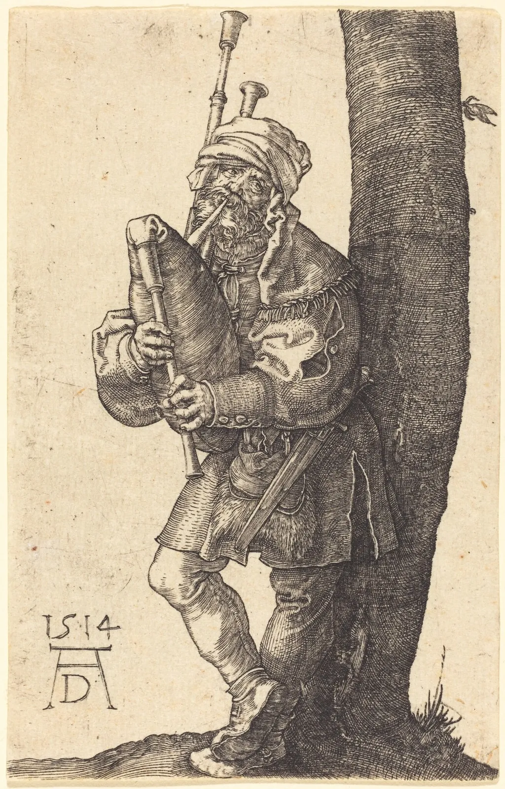 Bagpiper, by Albrecht Dürer, ink, 1514
