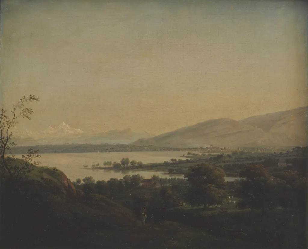 A View Across Lake Leman Towards Mont Blanc and Geneva, by Jens Juel, oil, 1790