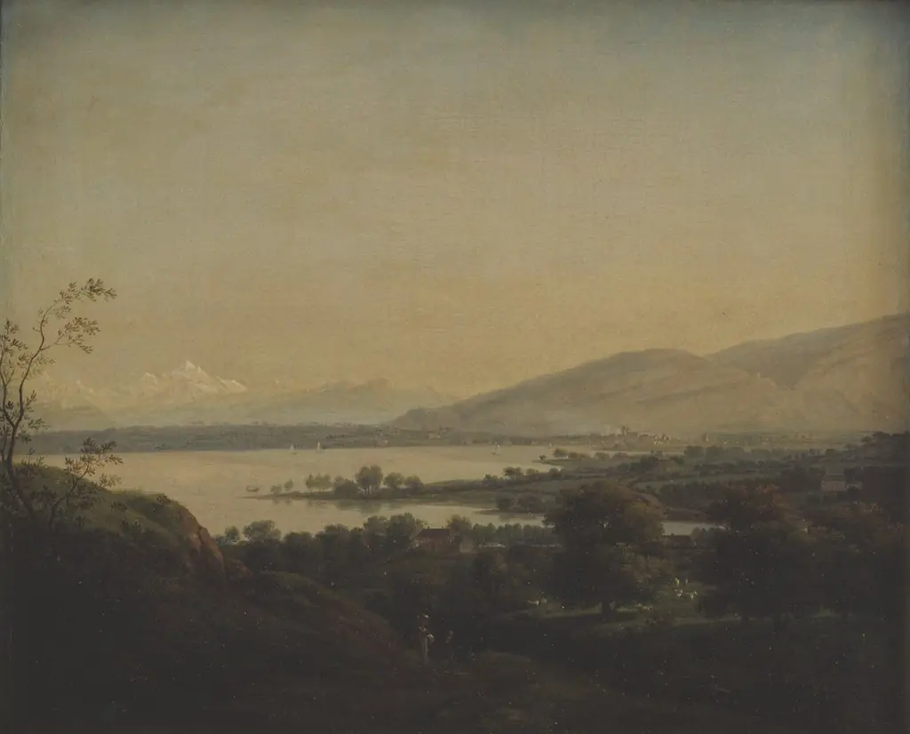 A View Across Lake Leman Towards Mont Blanc and Geneva, by Jens Juel, oil, 1790