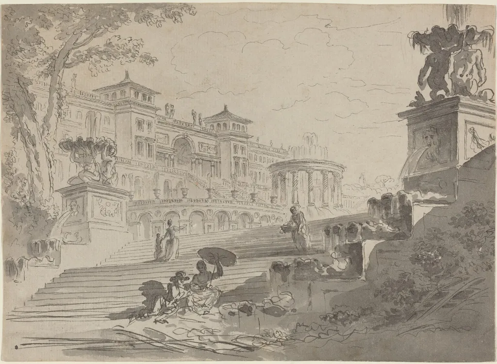 Fantasy on the Villa Medici with Fountains, by Pierre Lelu, ink, 1768
