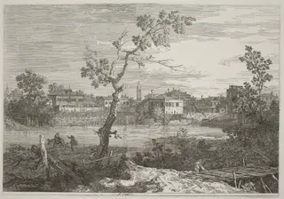 View of a Town on a River Bank, by Canaletto, ink, 1740