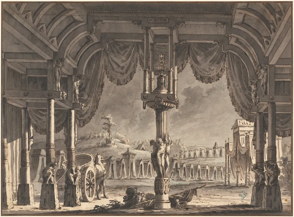 Stage Design of an Ancient Roman Encampment by Night (recto), by Pietro Gonzaga, ink, 1792