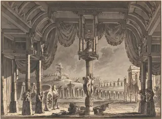 Stage Design of an Ancient Roman Encampment by Night (recto), by Pietro Gonzaga, ink, 1792