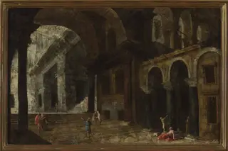 Architectural fantasy featuring a prison courtyard, by Michele Marieschi, oil, 1736
