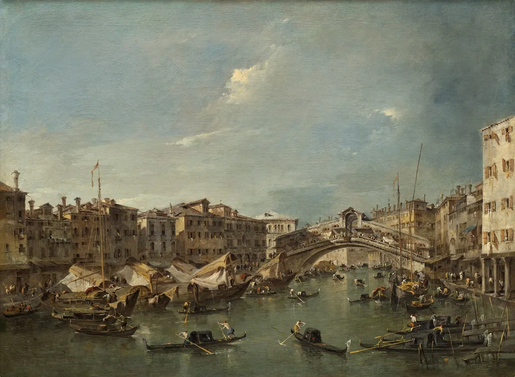 Grand Canal with the Rialto Bridge, Venice, by Francesco Guardi, oil, 1780