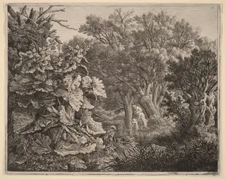 Landscape with Large Leaves and Three Satyrs, by Carl Wilhelm Kolbe, ink, 1800