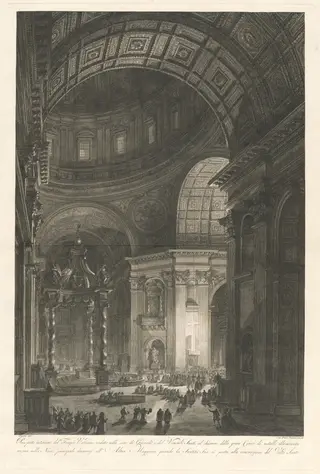Interior of St. Peter’s, with the Illumination of the Cross of St. Peter, by Francesco Piranesi, ink, 1787