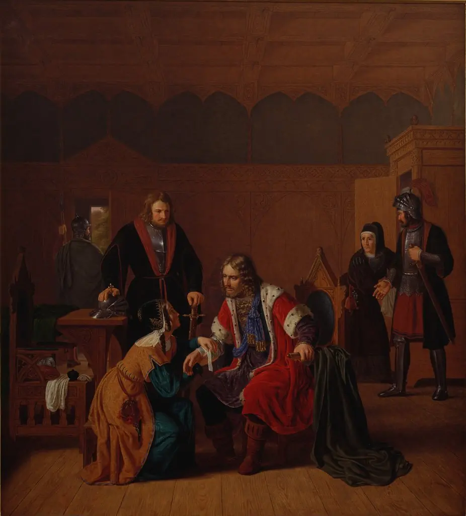 Valdemar the Great is welcomed  at Absalon's mother's house, where he sought refuge after the Battle of Roskilde, by Johan Peter Raadsig, oil, 1840