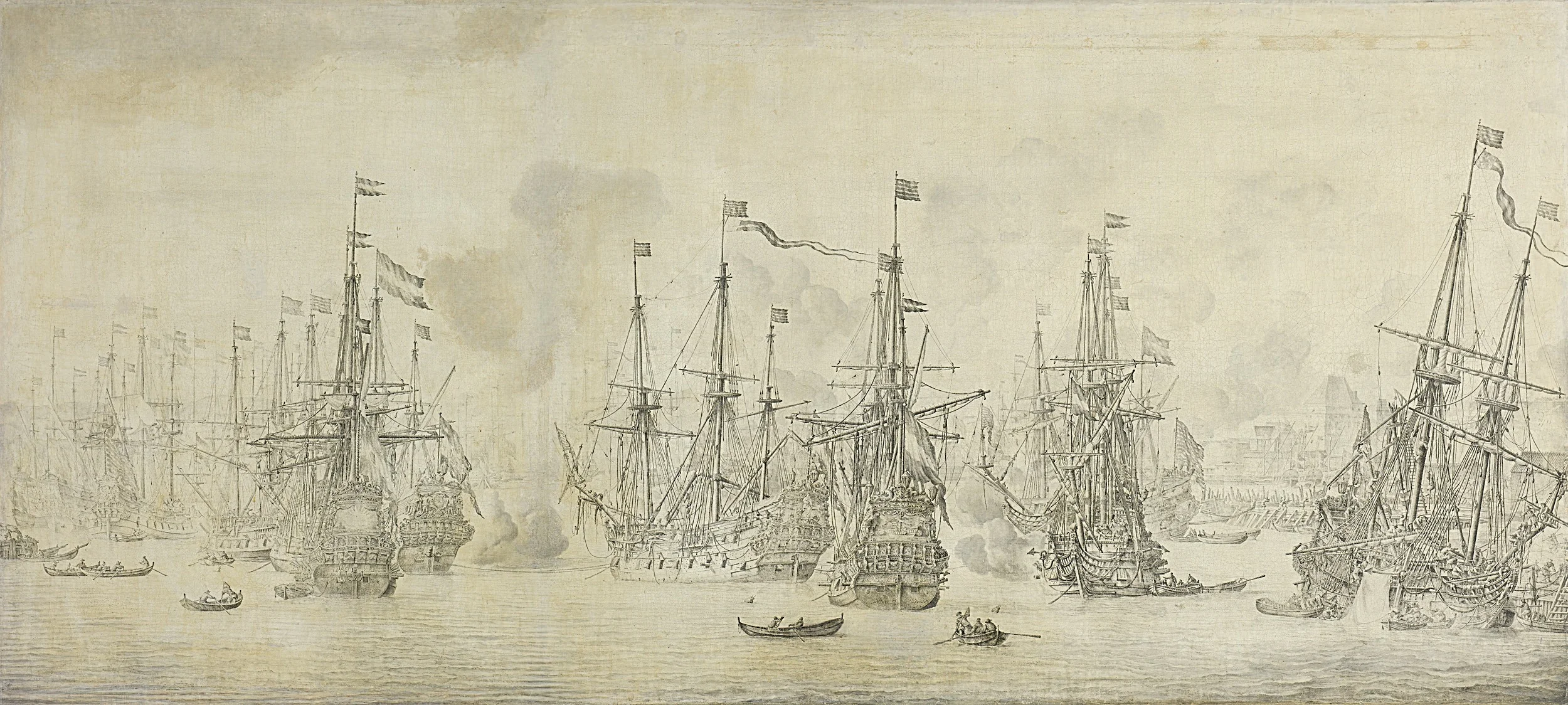 The unsuccessful English attack against the returning Dutch fleet in the harbor of Bergen, Norway, 12 August 1665: episode from the Second Anglo-Dutch War (1665-67), detail