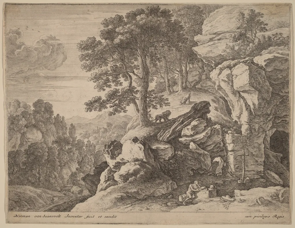 Saint Jerome in the Wilderness, by Herman van Swanevelt, ink, 1628