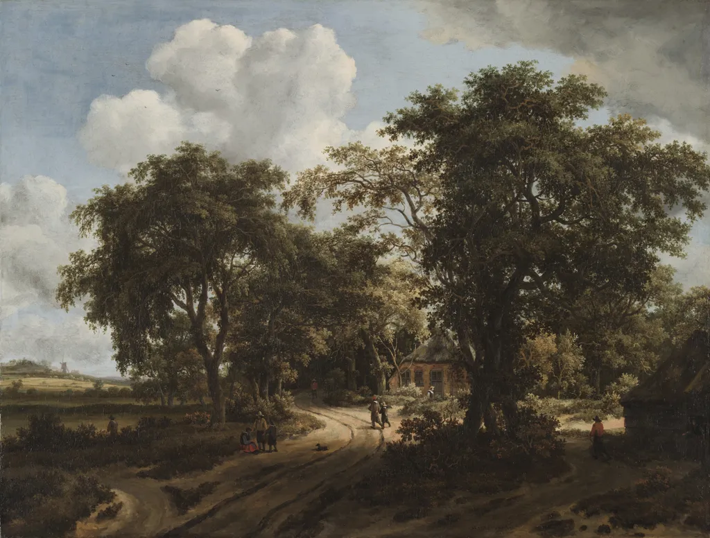 A Cottage in the Woods, by Meindert Hobbema, oil, 1662
