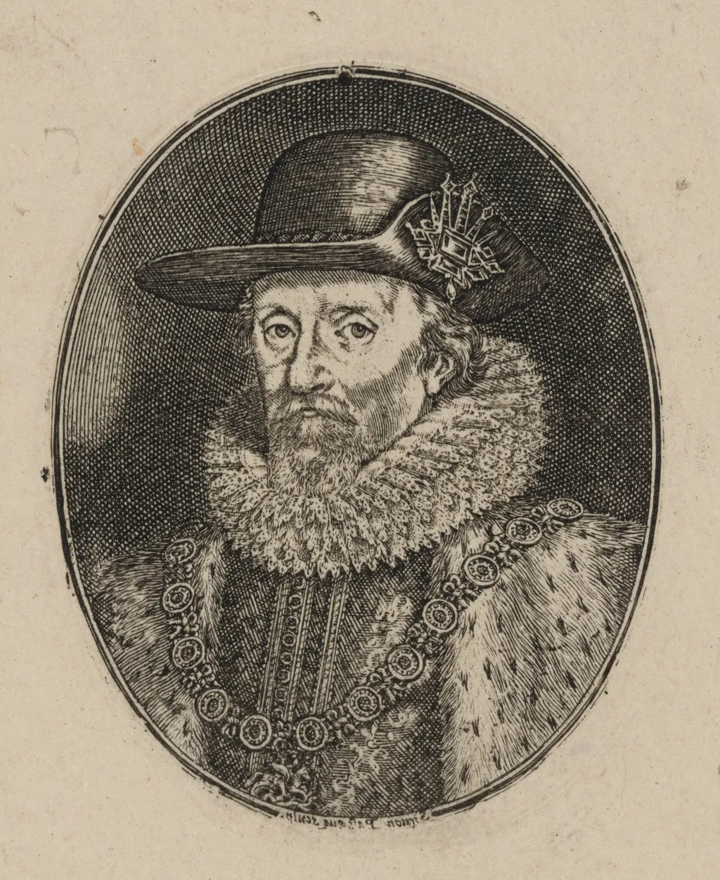 James I, King of England [top half], by Simon van de Passe, ink, 1621