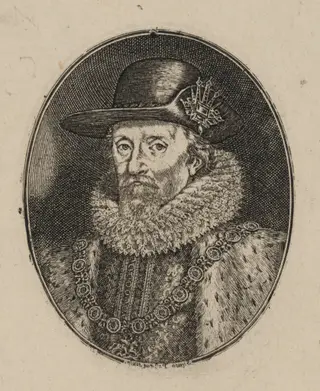 James I, King of England [top half], by Simon van de Passe, ink, 1621