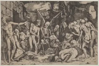 The Skeletons, by Marco Dente, ink, 1518