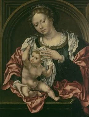 Maria met kind. Het kind speelt met de sluier, detail