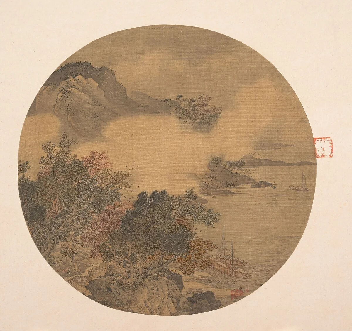 明 佚名 風雨艤舟圖 團扇|Misty Landscape, detail