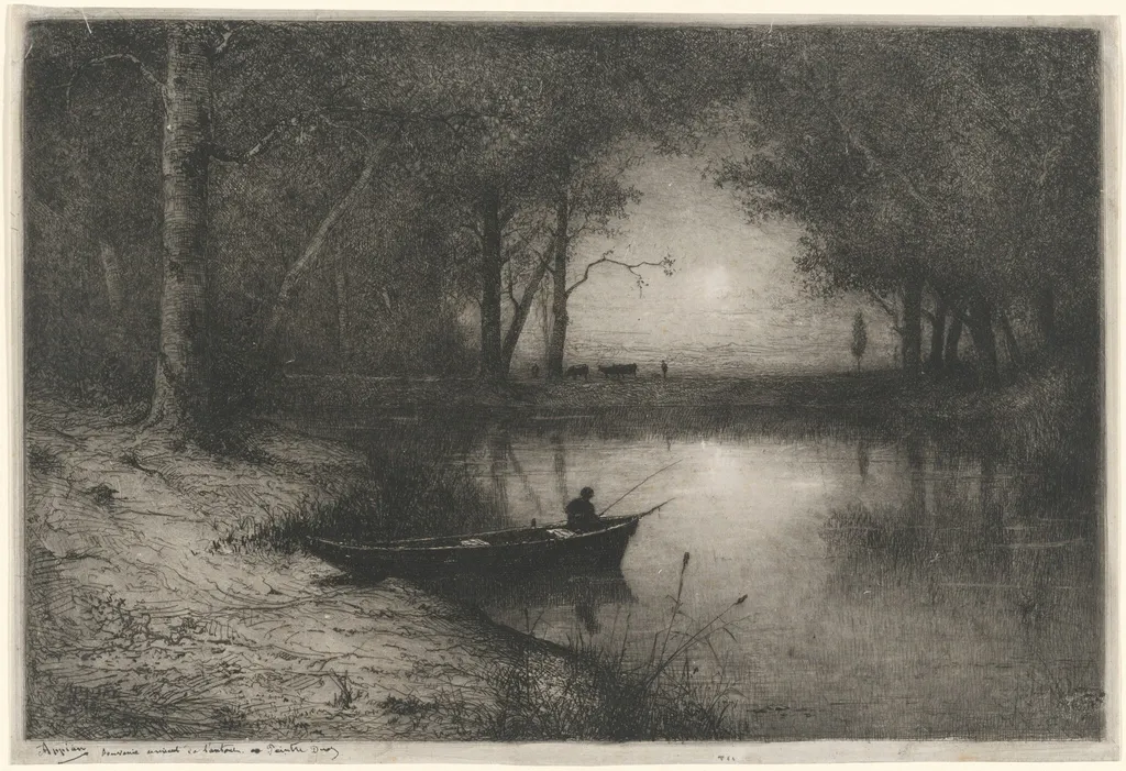 Pêcheur en Canot, au bord d'une Rivière (Fisherman in a Boat), by Adolphe Appian, ink, 1887