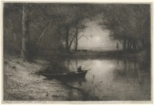 Pêcheur en Canot, au bord d'une Rivière (Fisherman in a Boat), by Adolphe Appian, ink, 1887