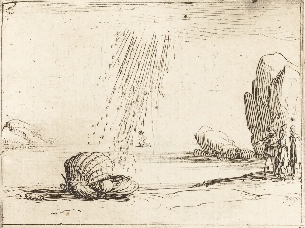 Oyster with Pearl, by Jacques Callot, ink, 1628