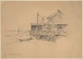 Fishing Boats and Shack, by Henry Farrer, graphite, 1873