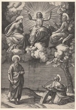 Christ, the Virgin, and St. John the Baptist with Saints Paul and Catherine, by Marcantonio Raimondi, 1522