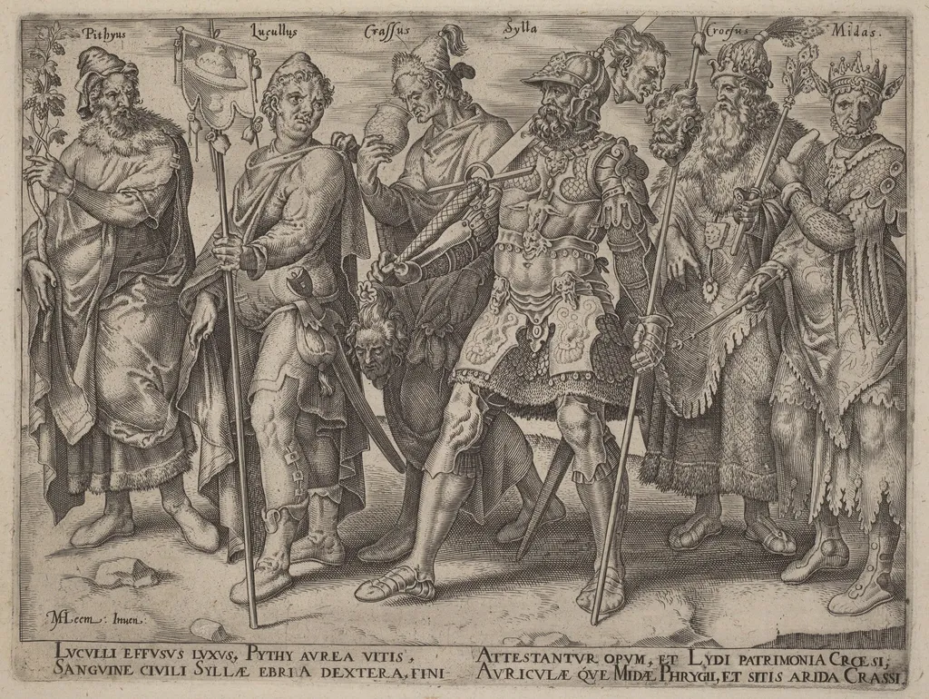 Notorious Examples of Wealth from Antiquity, by Philip Galle, ink, 1563