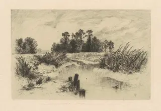 In the Newark Meadows, by Thomas Moran, ink, 1879