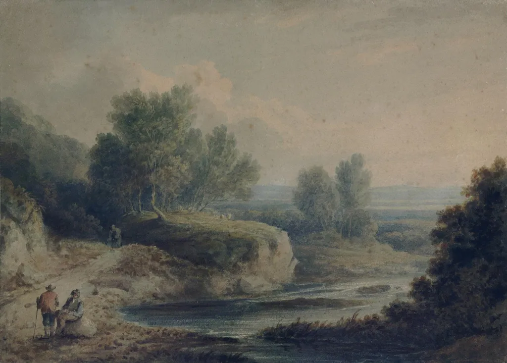 River scene with figures., by Thomas Barker, watercolor, 1795