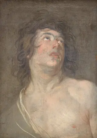 Study Head of a Young Man Looking Upwards. St Sebastian, by Anthony van Dyck, oil, 1627