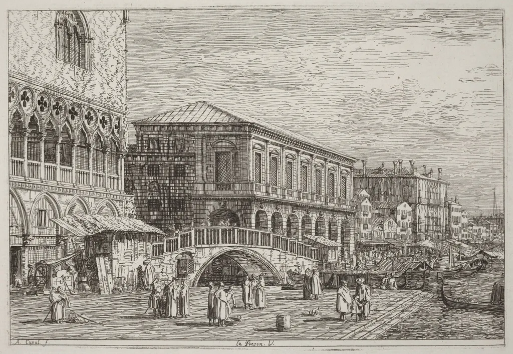 Le Preson. V. [lower left], by Canaletto, ink, 1740
