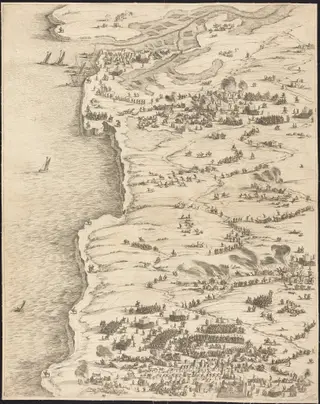 The Siege of La Rochelle [plate 5 of 16;  set comprises 1952.8.97-112], by Jacques Callot, ink, 1630