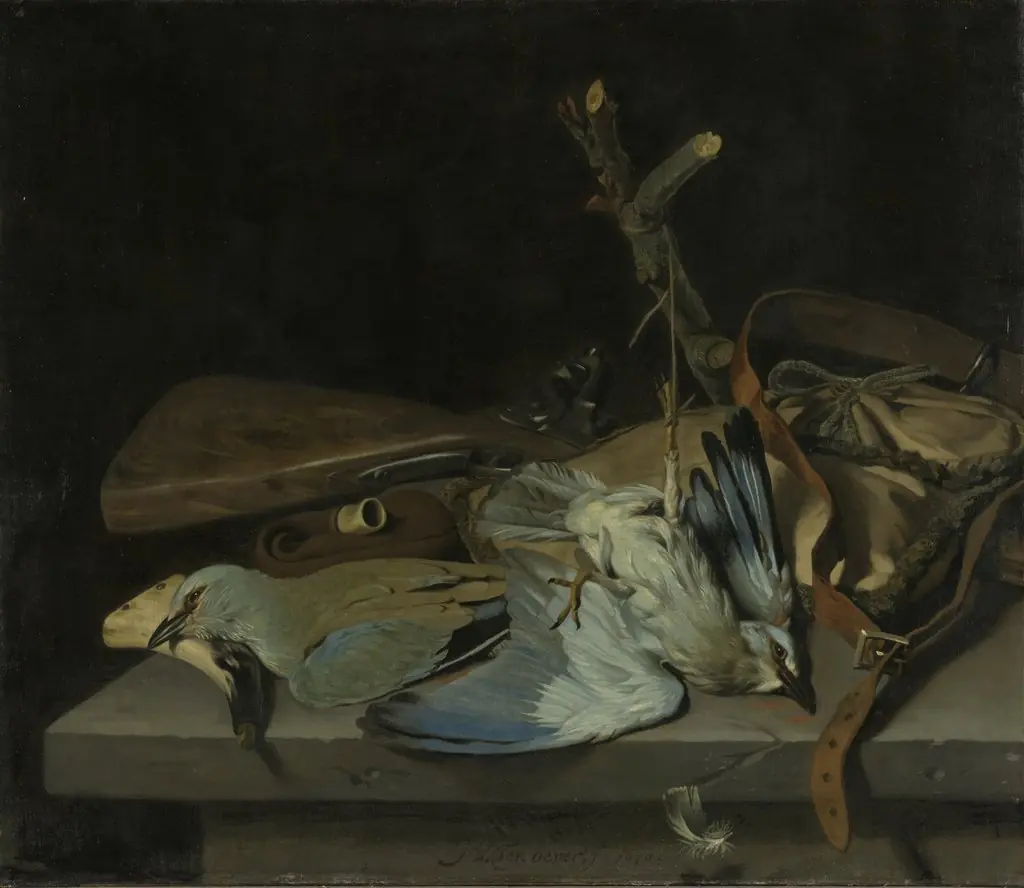 Still life with hunting implements and birds, by Hendrick ten Oever, oil, 1670