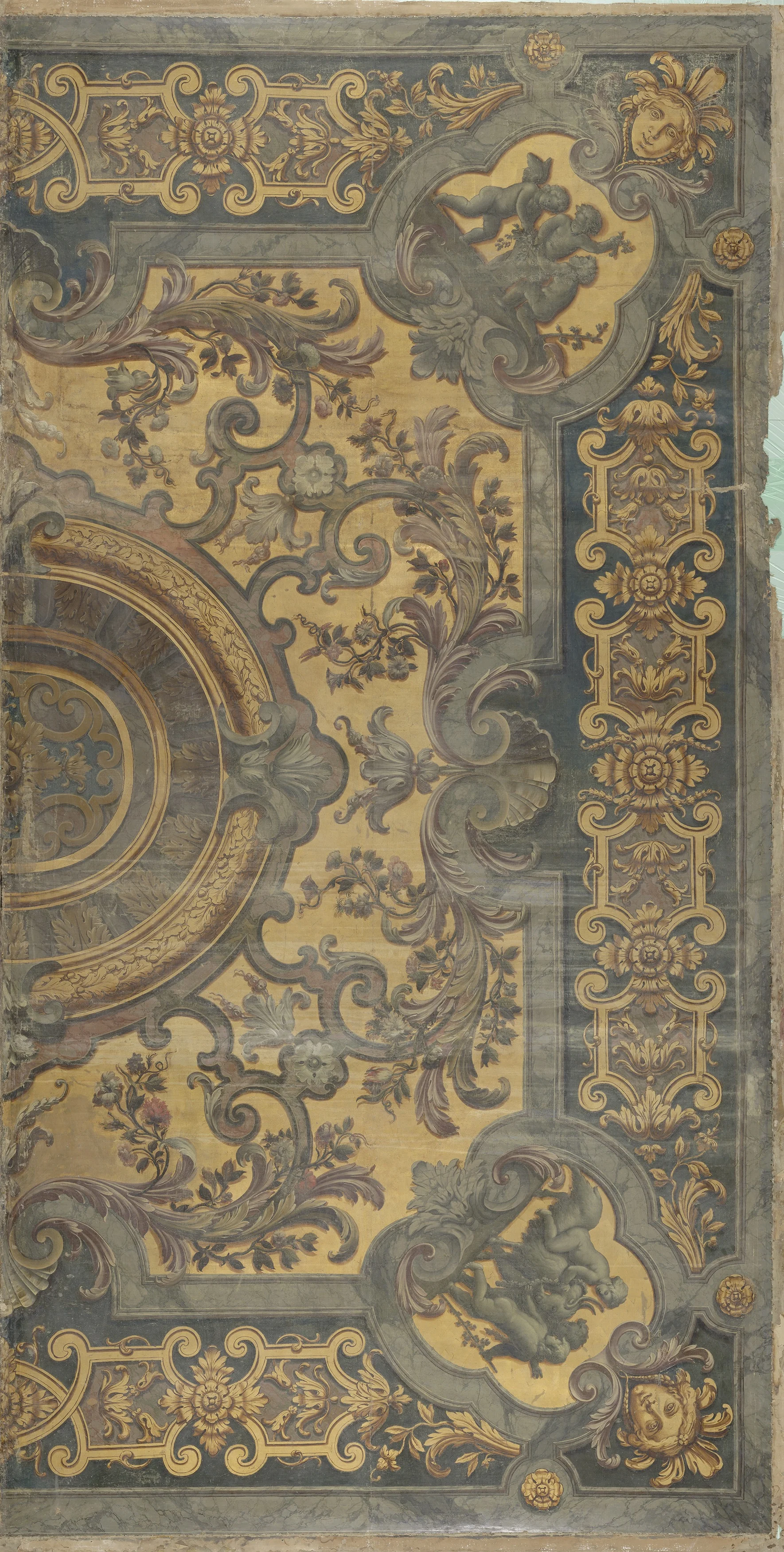 Ornamentale plafondschildering met in de hoeken voorstellingen van putti, detail