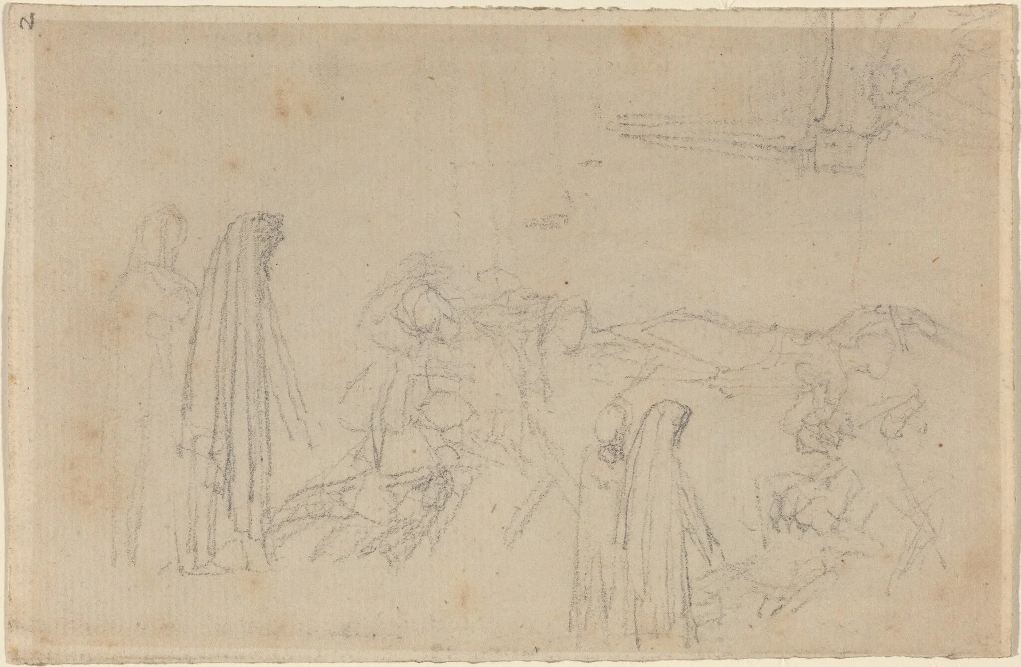Sketches with a Hooded Figure (Virgil and Beatrice?), detail