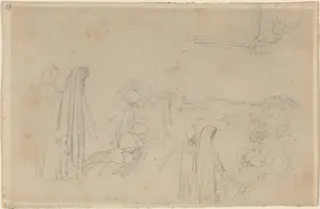 Sketches with a Hooded Figure (Virgil and Beatrice?), by John Flaxman, graphite, 1790