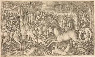 A King Pursued by a Unicorn, by Jean Duvet, ink, 1555
