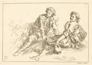 Reclining Shepherd Boys, by François Boucher, ink, 1735