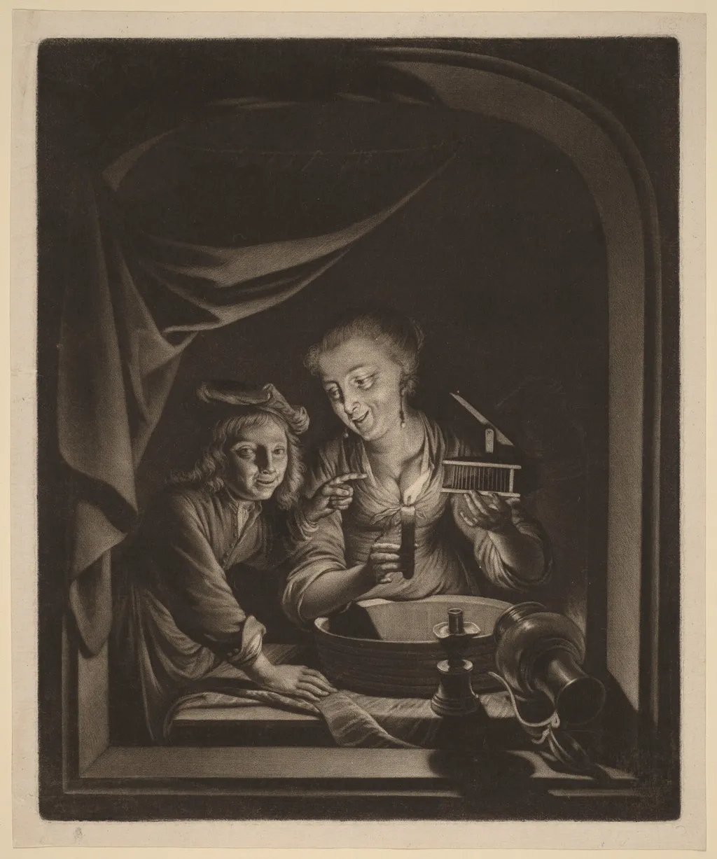Maid with a Mousetrap, by Nicolaas Verkolje, ink, 1704