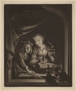 Maid with a Mousetrap, by Nicolaas Verkolje, ink, 1704