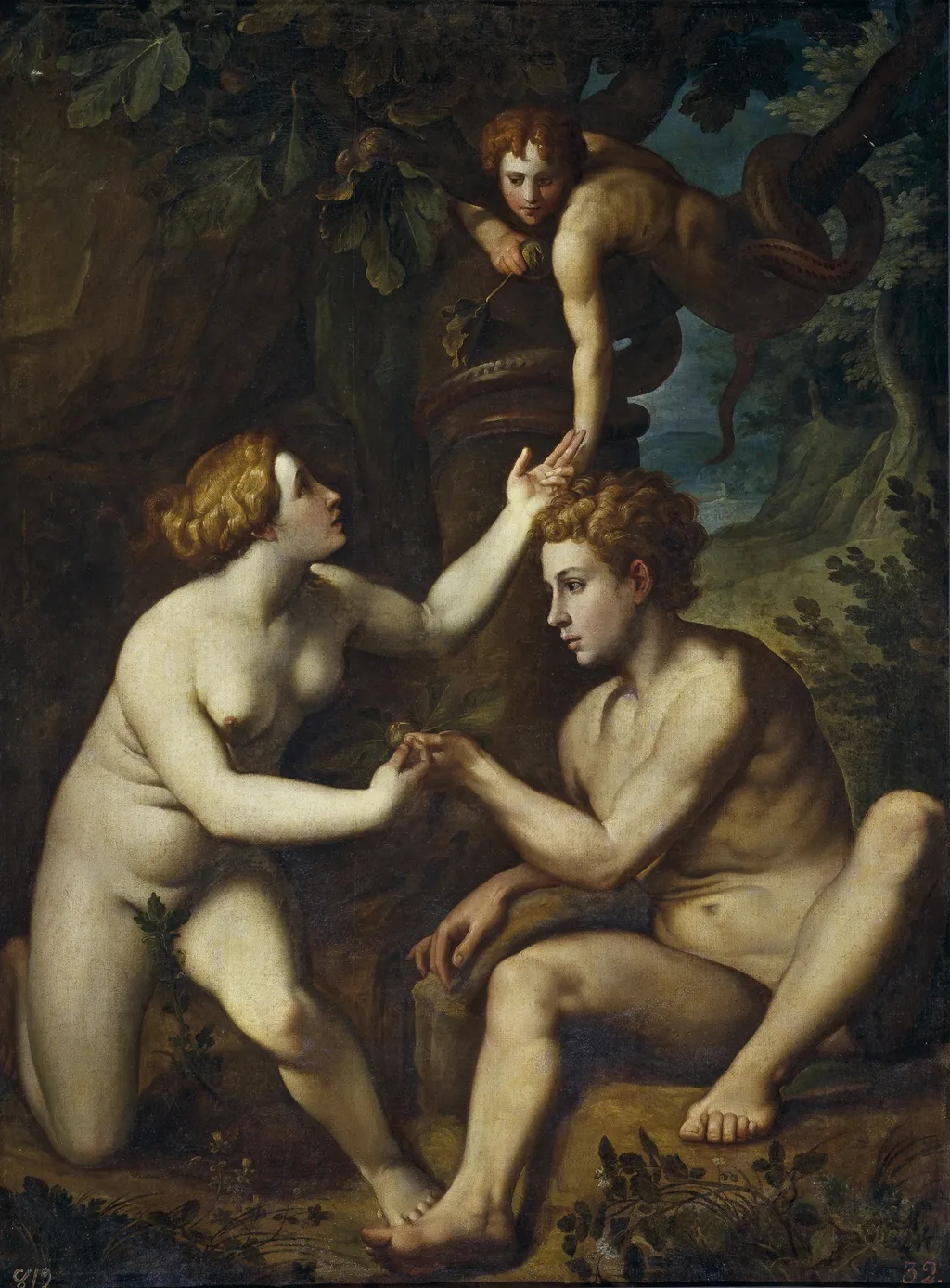 Adam and Eve receive from the forbidden fruit, by Pietro Facchetti, oil, 1554
