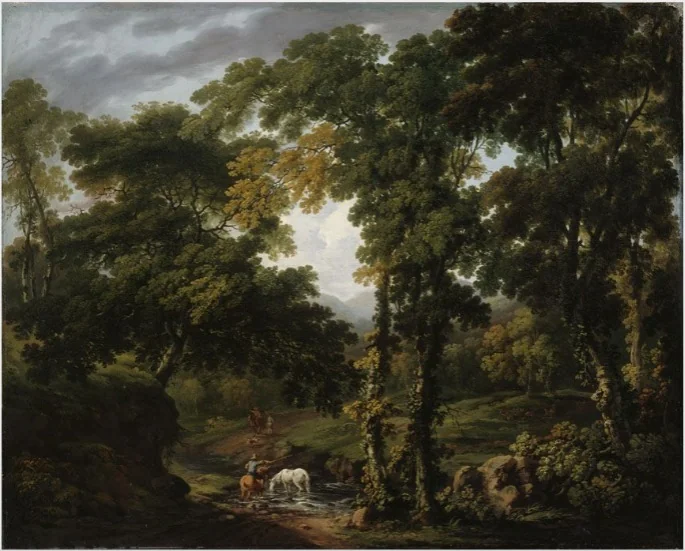A Wooded River Landscape with Figures and Horses at a Ford and Fallow Deer in a Clearing, detail