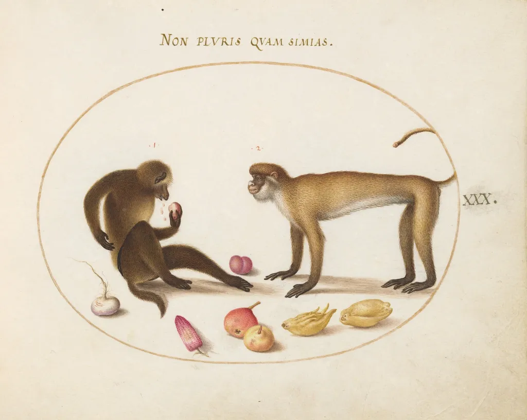 Plate 30: Two Monkeys, by Joris Hoefnagel, gouache, 1594